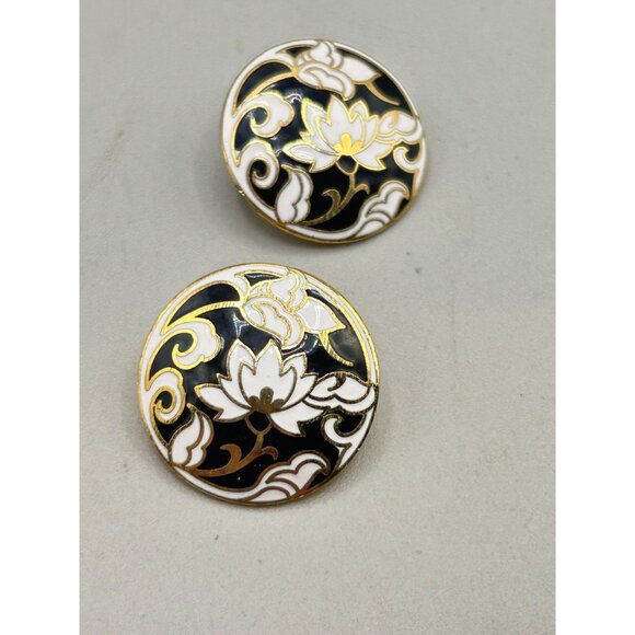 Vintage Enamel Cloisonne Pierced Earrings Lotus Floral Design Black & White - Picture 2 of 5